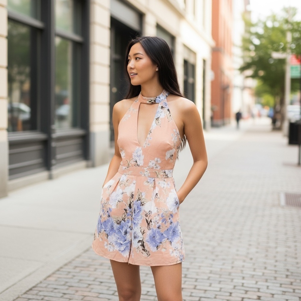 Charlotte Russe Peach Halter Floral Romper
New